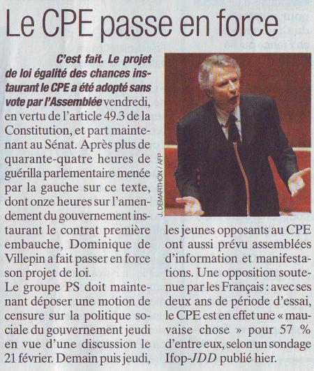 13 FEV FRAN #  Le CPE passe en force